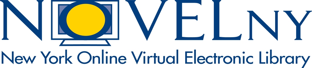 The Novel NY Logo, New York Online Virtual Electronic Library. It is blue text with a yellow circle in front of a monitor.